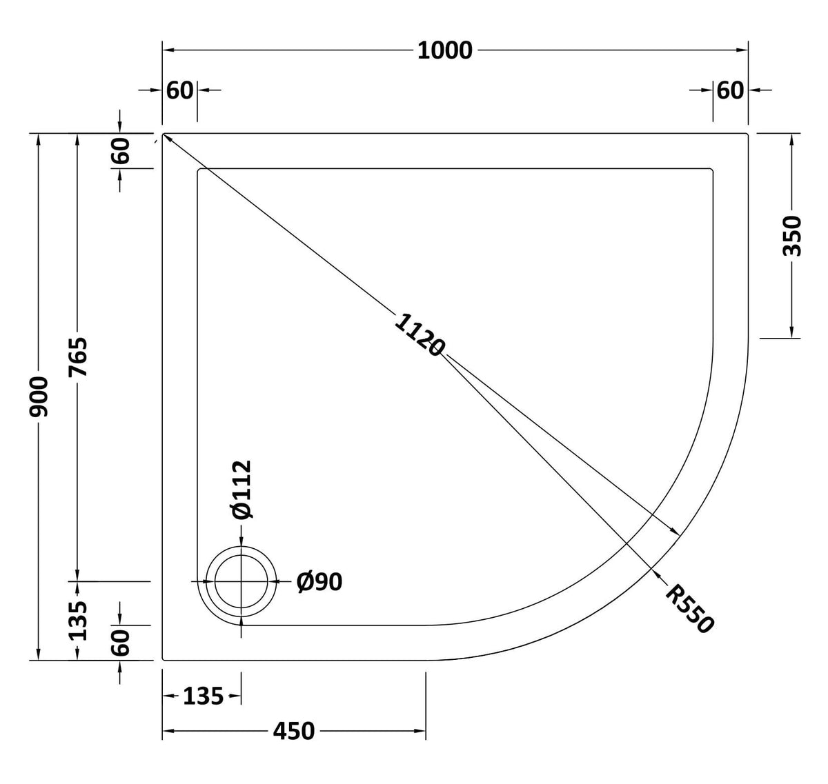 1000 x 900mm  White Slimline Right Hand Offset Quadrant Shower Tray