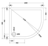 1000 x 900mm  White Slimline Right Hand Offset Quadrant Shower Tray