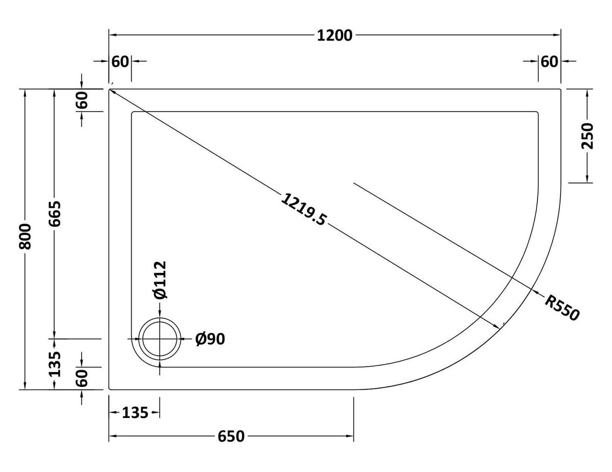 1200 x 800mm  White Slimline Right Hand Offset Quadrant Shower Tray