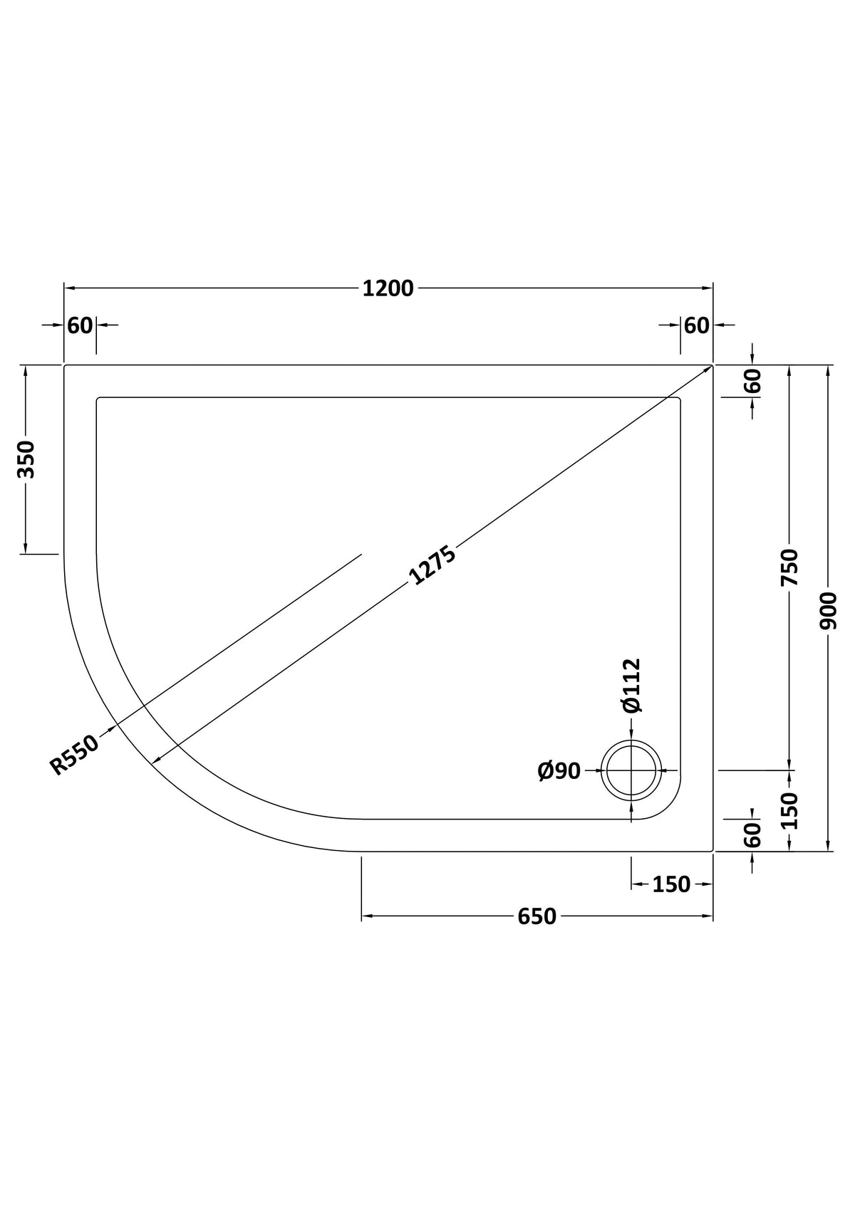 1200 x 900mm  White Slimline Left Hand Offset Quadrant Shower Tray