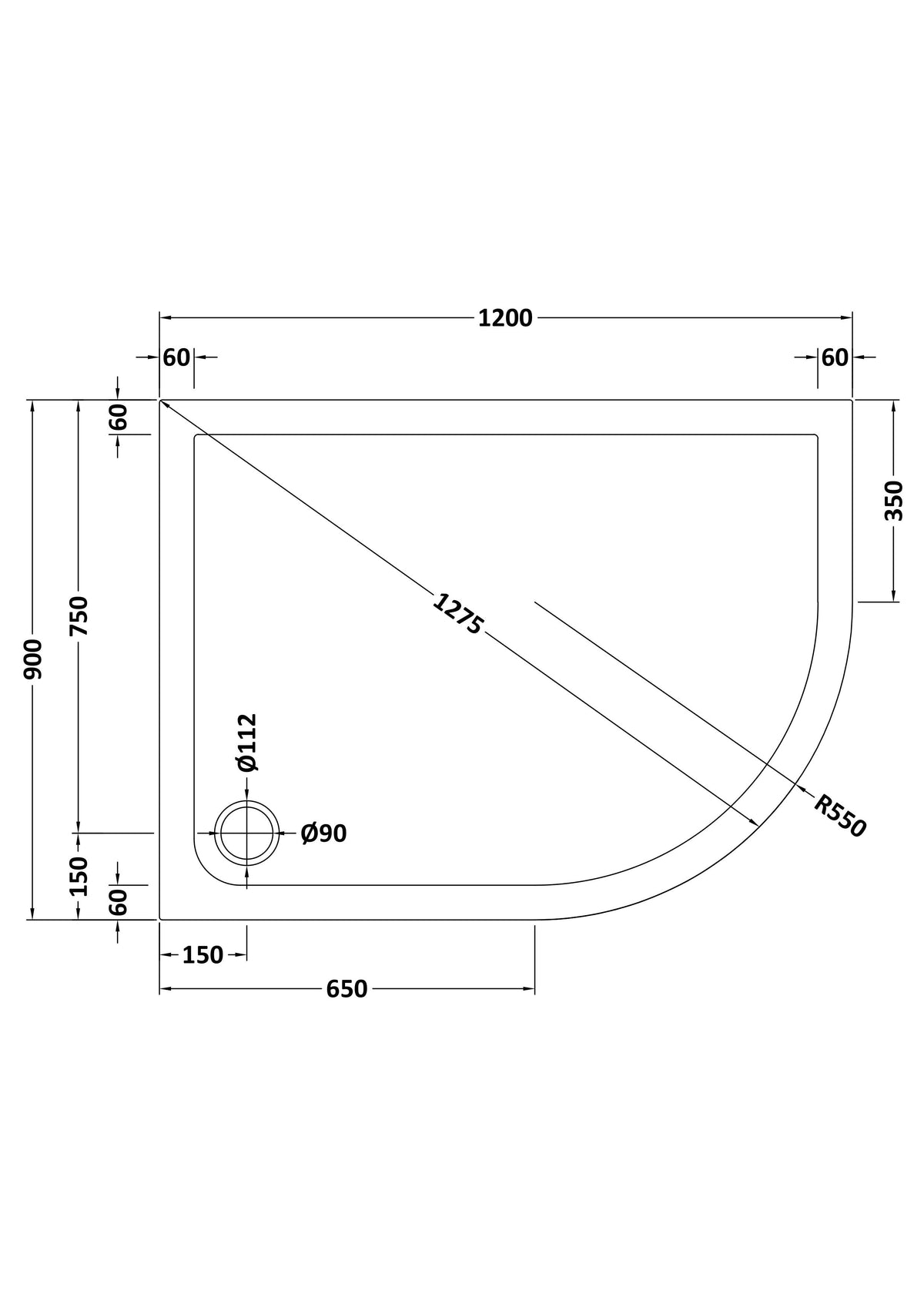 Modern Splash  1200 x 900mm  White Slimline Right Hand Offset Quadrant Shower Tray