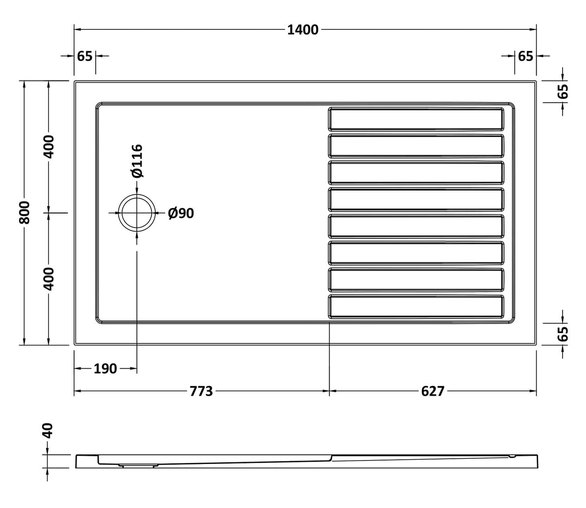 1400 x 800mm White Slimline Rectangular Walk In Shower Tray
