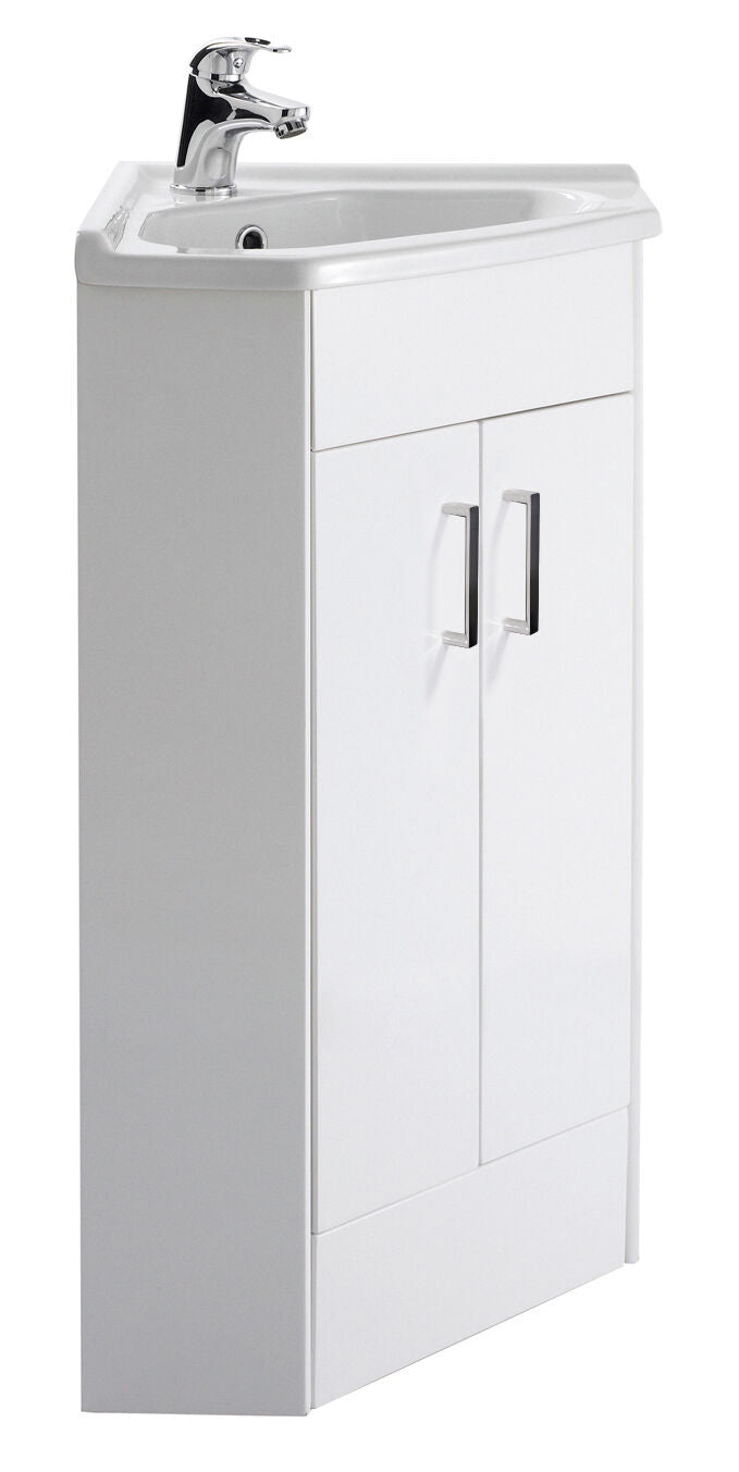 Modern Splash 400mm Gloss White Floor Standing 2 Door Corner Vanity Unit With Ceramic Basin