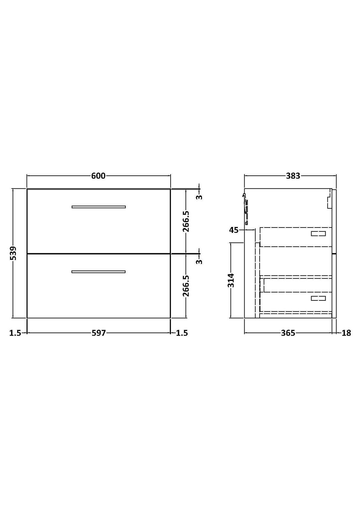 Modern Splash Arno 600mm Gloss White 2 Drawer Wall Hung Vanity Unit