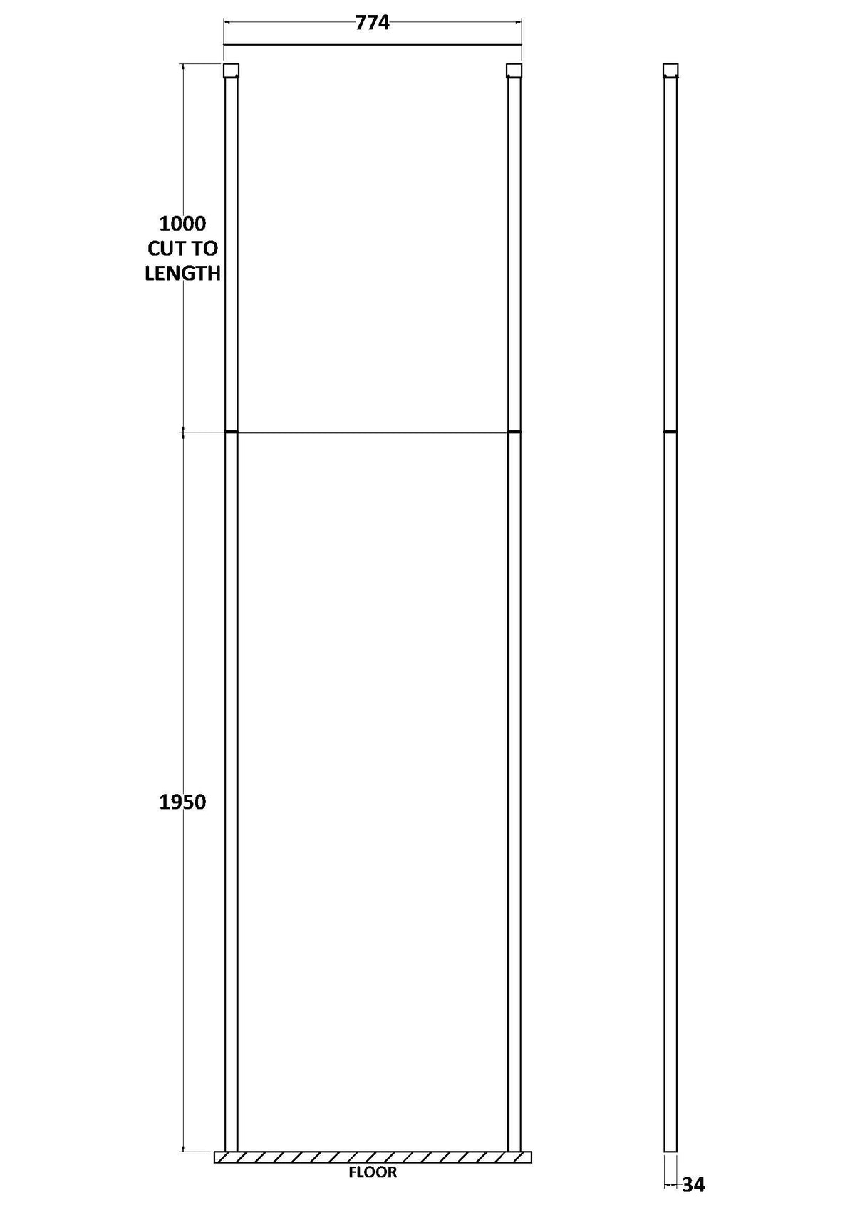 Modern Splash 760mm Matt Black Wetroom Panel 8mm Glass With Ceiling Poles