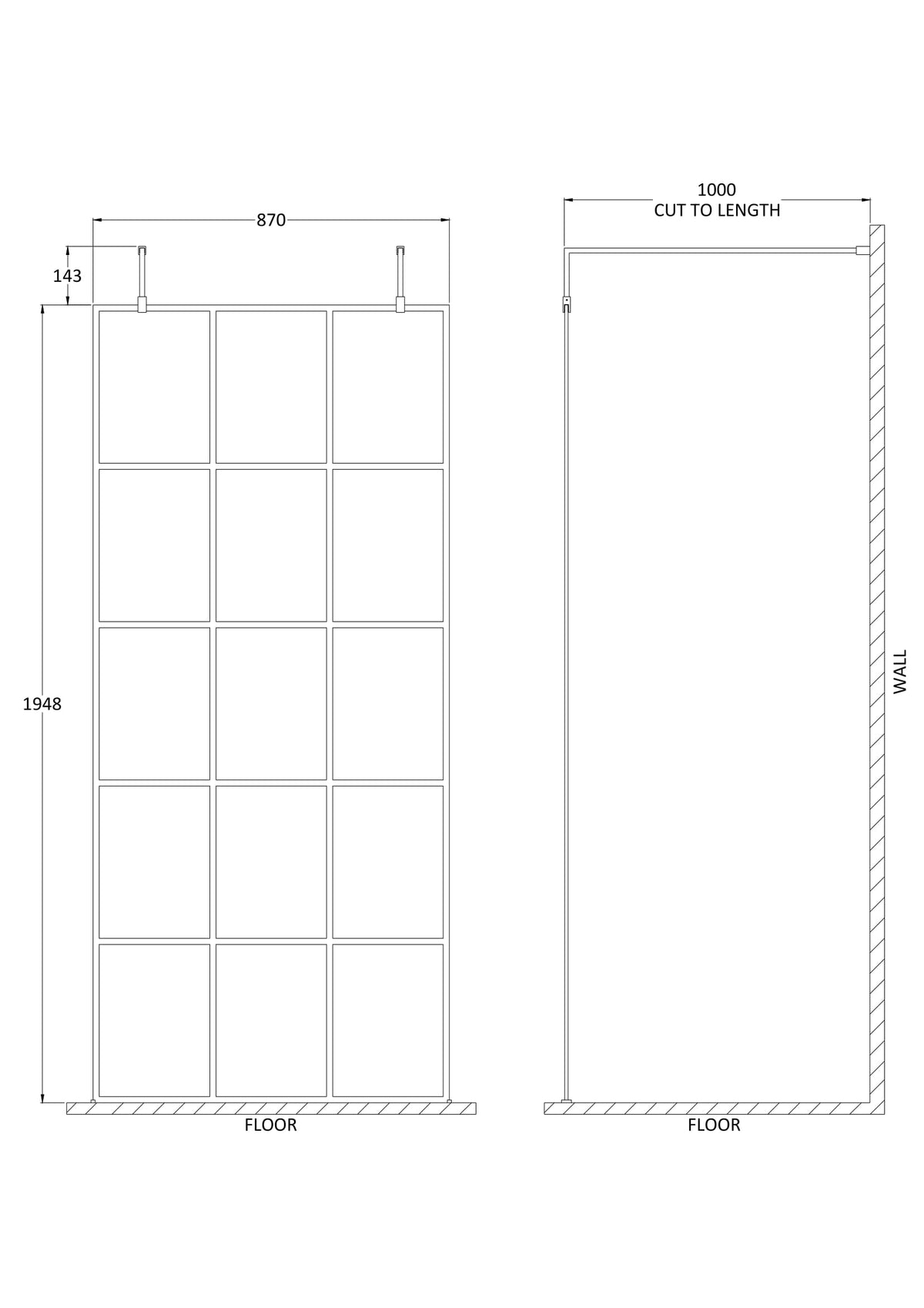 Modern Splash 900mm Matt Black Wetroom Panel 8mm Glass With Support Arms