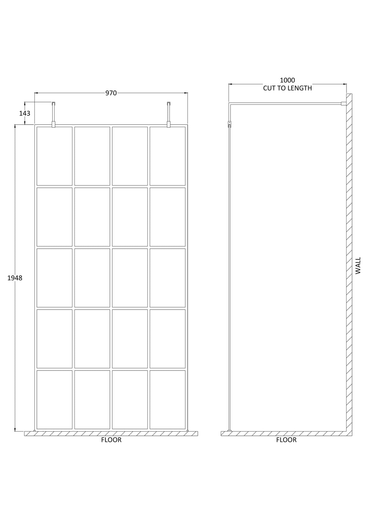 Modern Splash 1000mm Matt Black Wetroom Panel 8mm Glass With Support Arms