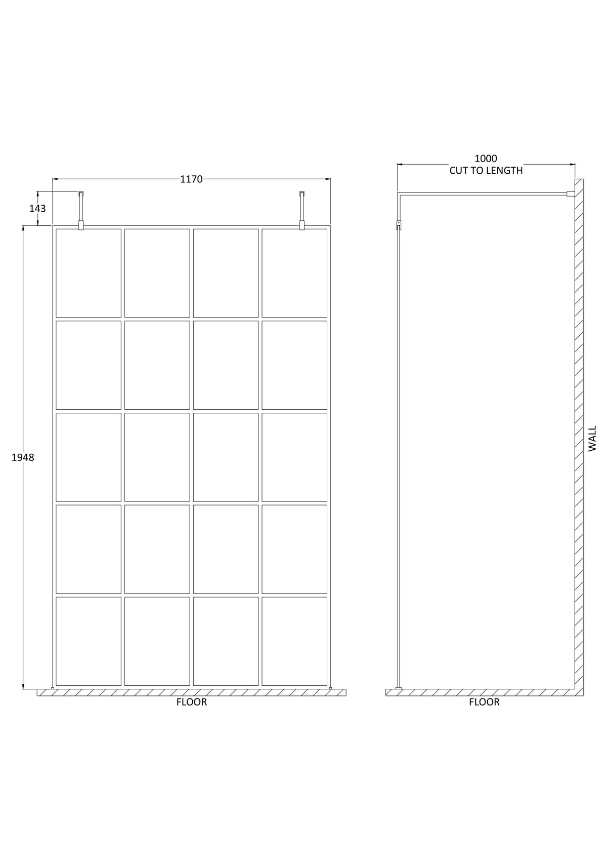 Modern Splash 1200mm Matt Black Wetroom Panel 8mm Glass With Support Arms