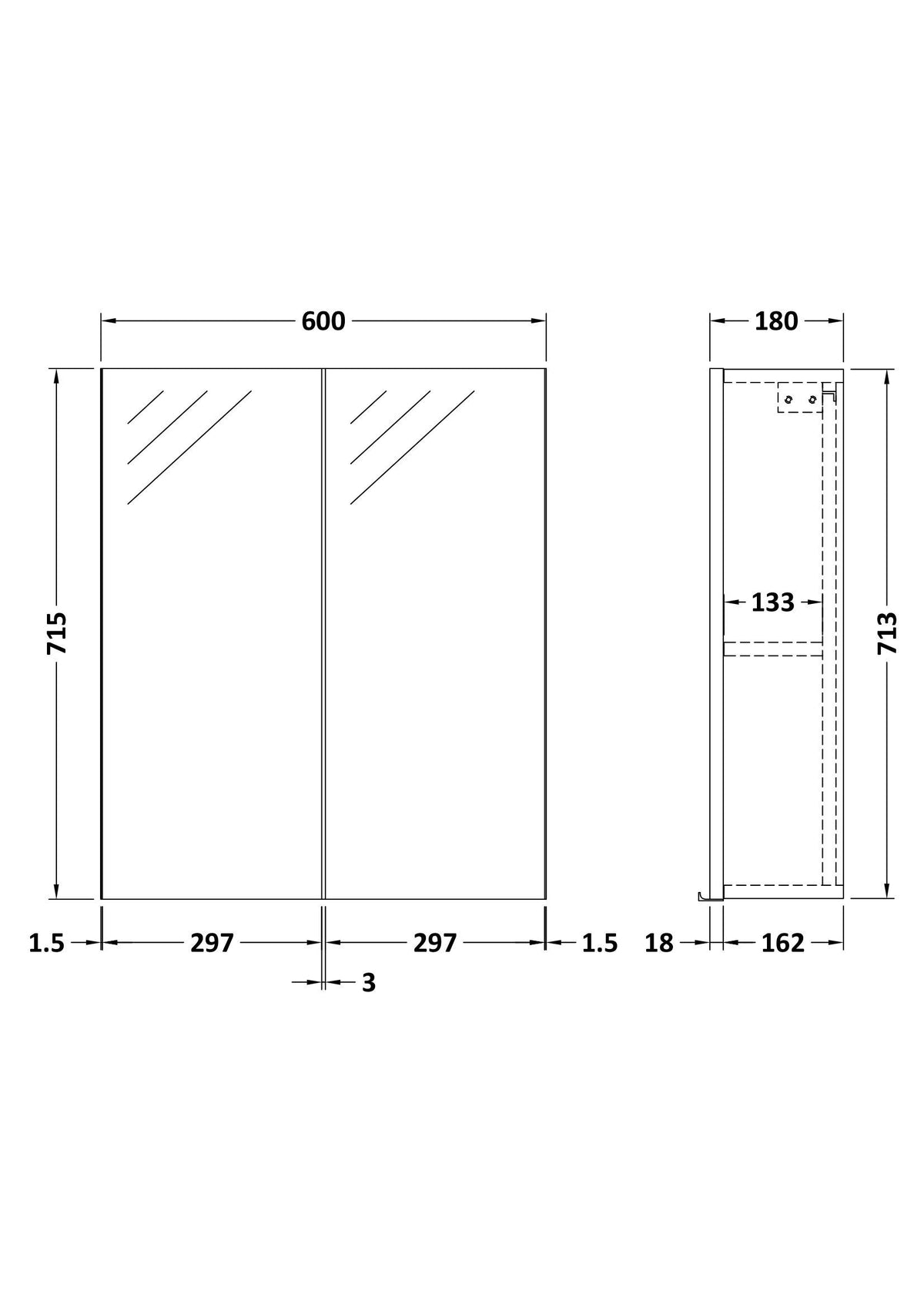 Modern Splash 600mm Pebble Grey Wall Hung 50/50 Mirror Cabinet