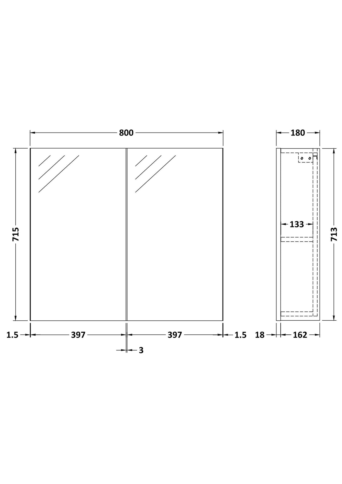 Modern Splash 800 x 715mm Fitted Wall Hung Charcoal Black Mirror Unit (50/50)