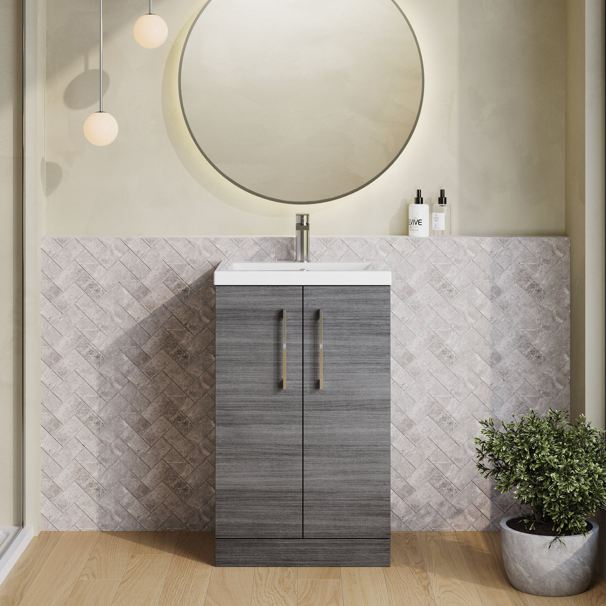 Modern Splash Compact 500mm Anthracite Woodgrain 2 Door Floor Standing Vanity Unit With Basin