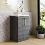 Modern Splash Compact 500mm Anthracite Woodgrain 2 Door Floor Standing Vanity Unit With Basin