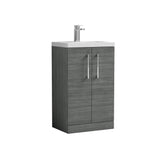 Modern Splash Compact 500mm Anthracite Woodgrain 2 Door Floor Standing Vanity Unit With Polymarble Basin