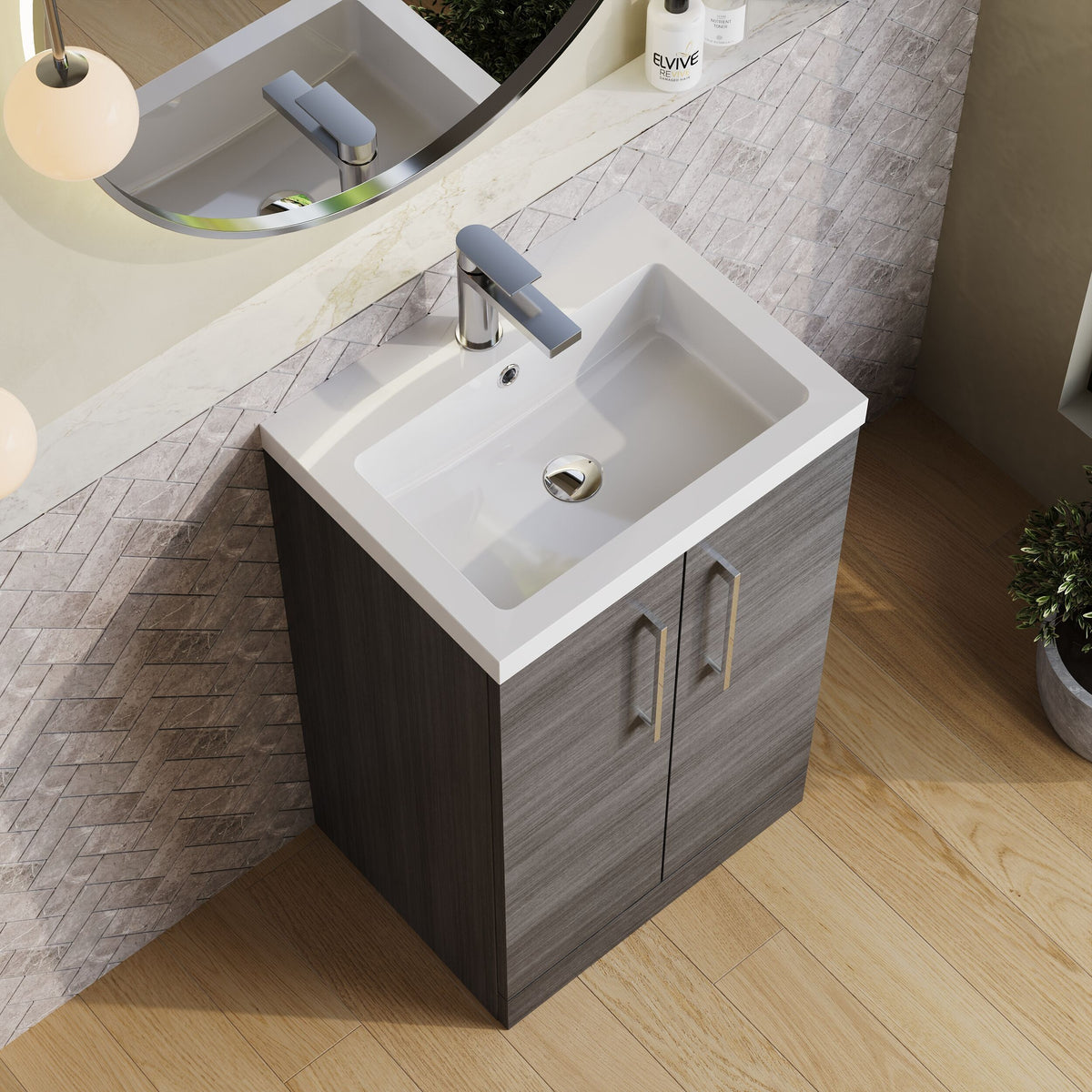 Modern Splash Compact 500mm Anthracite Woodgrain 2 Door Floor Standing Vanity Unit With Polymarble Basin