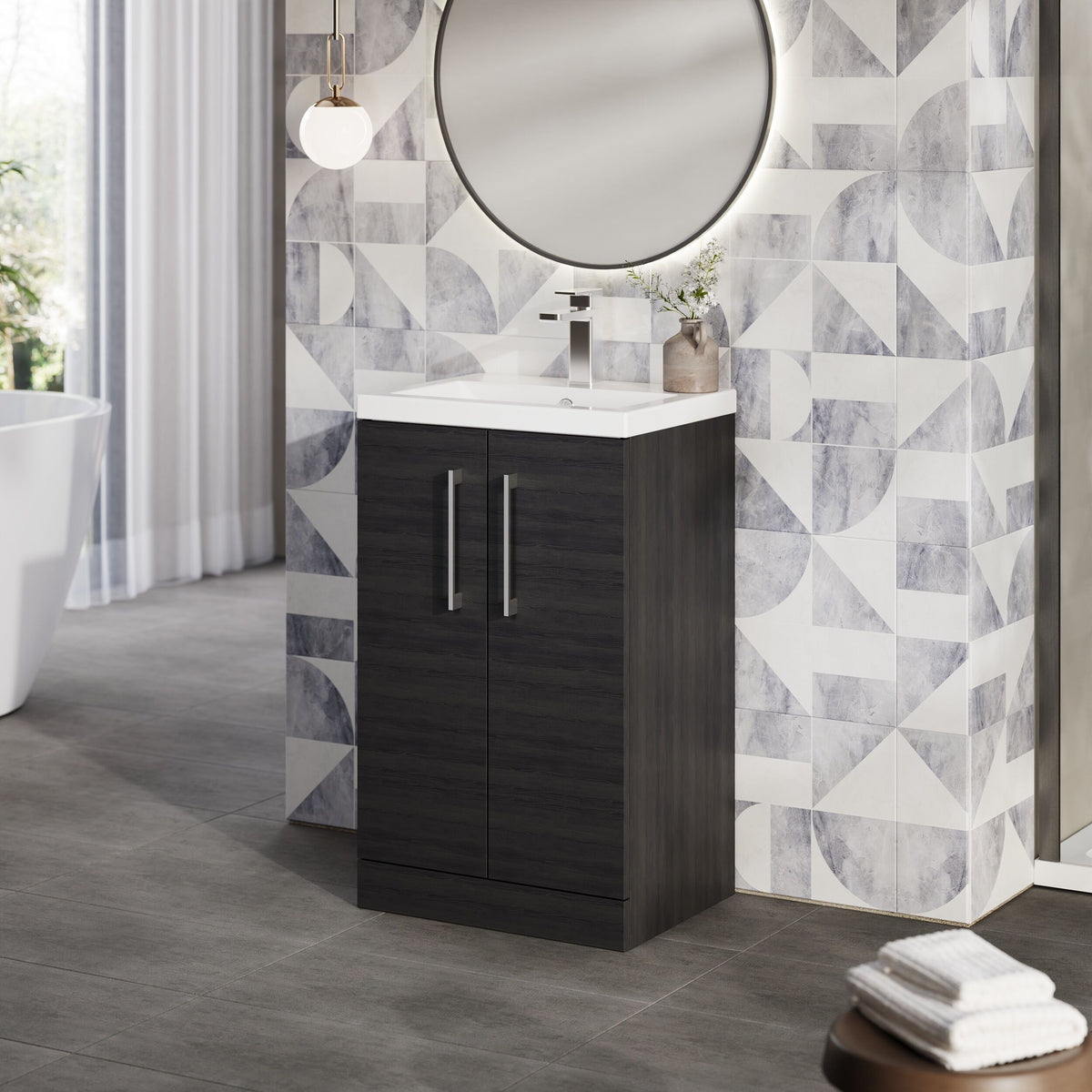 Modern Splash Compact 500mm Charcoal Black 2 Door Floor Standing Vanity Unit With Basin