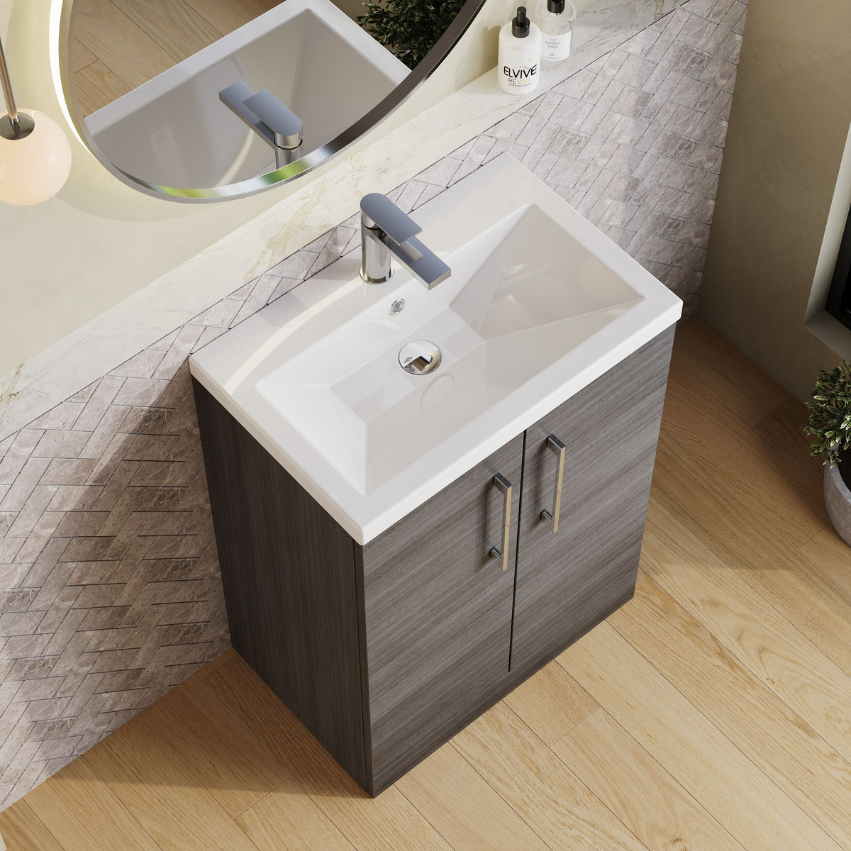 Modern Splash Compact 600mm Anthracite Woodgrain 2 Door Floor Standing Vanity Unit With Basin