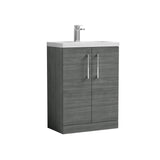 Modern Splash Compact 600mm Anthracite Woodgrain 2 Door Floor Standing Vanity Unit With Polymarble Basin