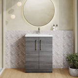 Modern Splash Compact 600mm Anthracite Woodgrain 2 Door Floor Standing Vanity Unit With Polymarble Basin