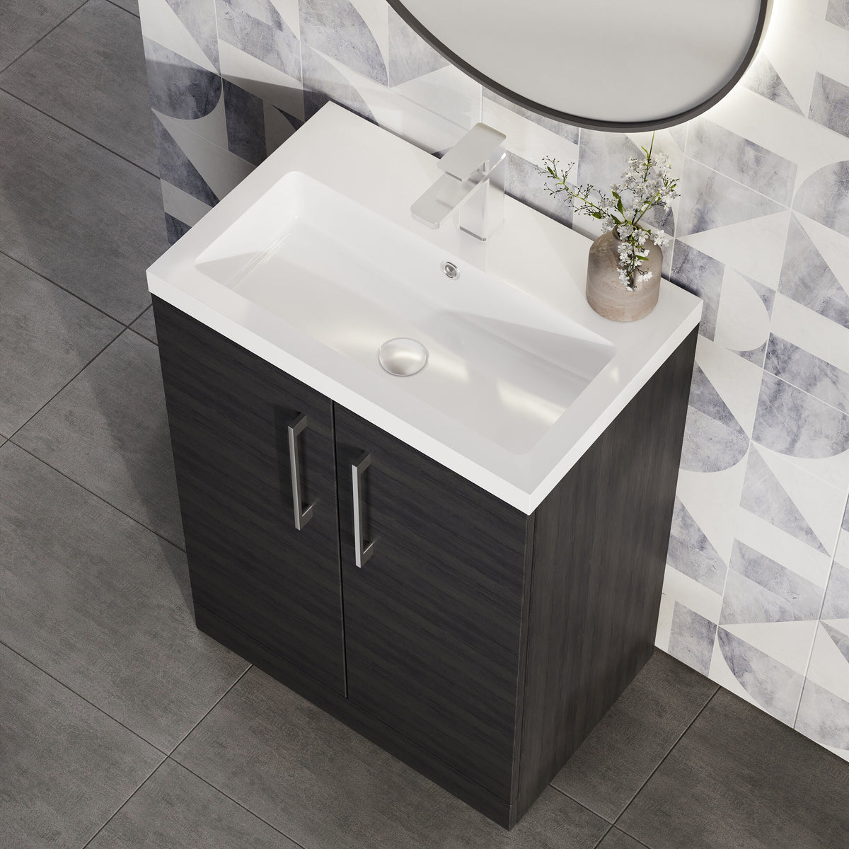 Modern Splash Compact 600mm Charcoal Black 2 Door Floor Standing Vanity Unit With Polymarble Basin