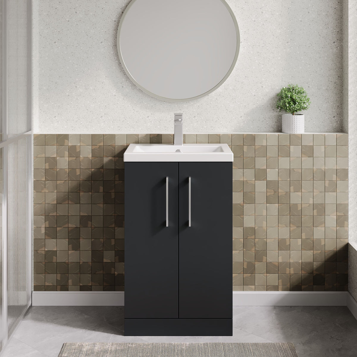 Modern Splash Compact 500mm Soft Black 2 Door Floor Standing Vanity Unit With Basin