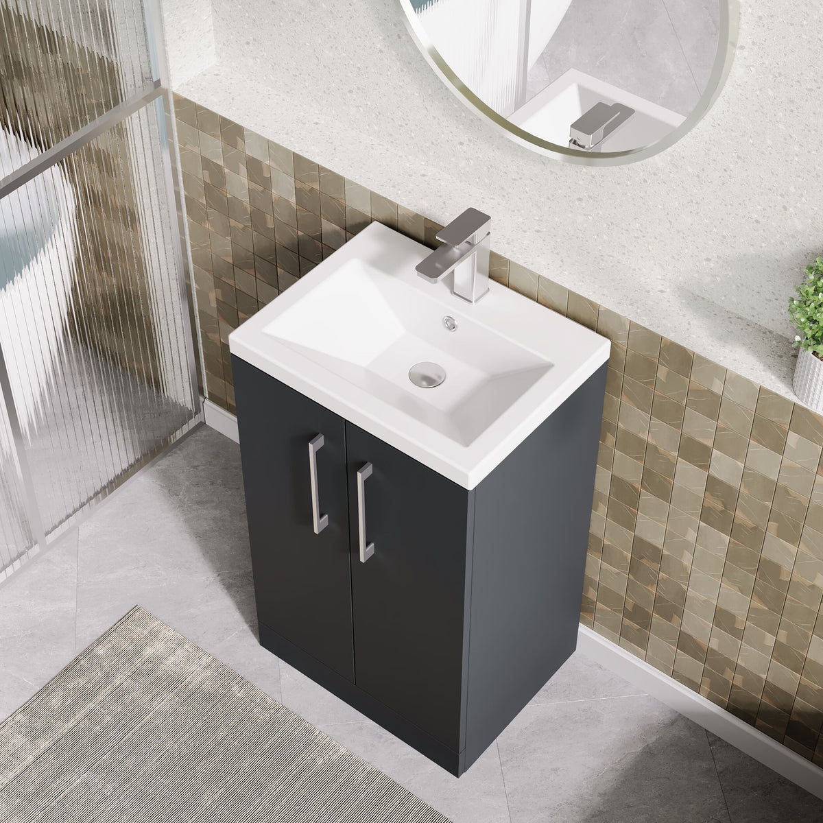 Modern Splash Compact 500mm Soft Black 2 Door Floor Standing Vanity Unit With Basin
