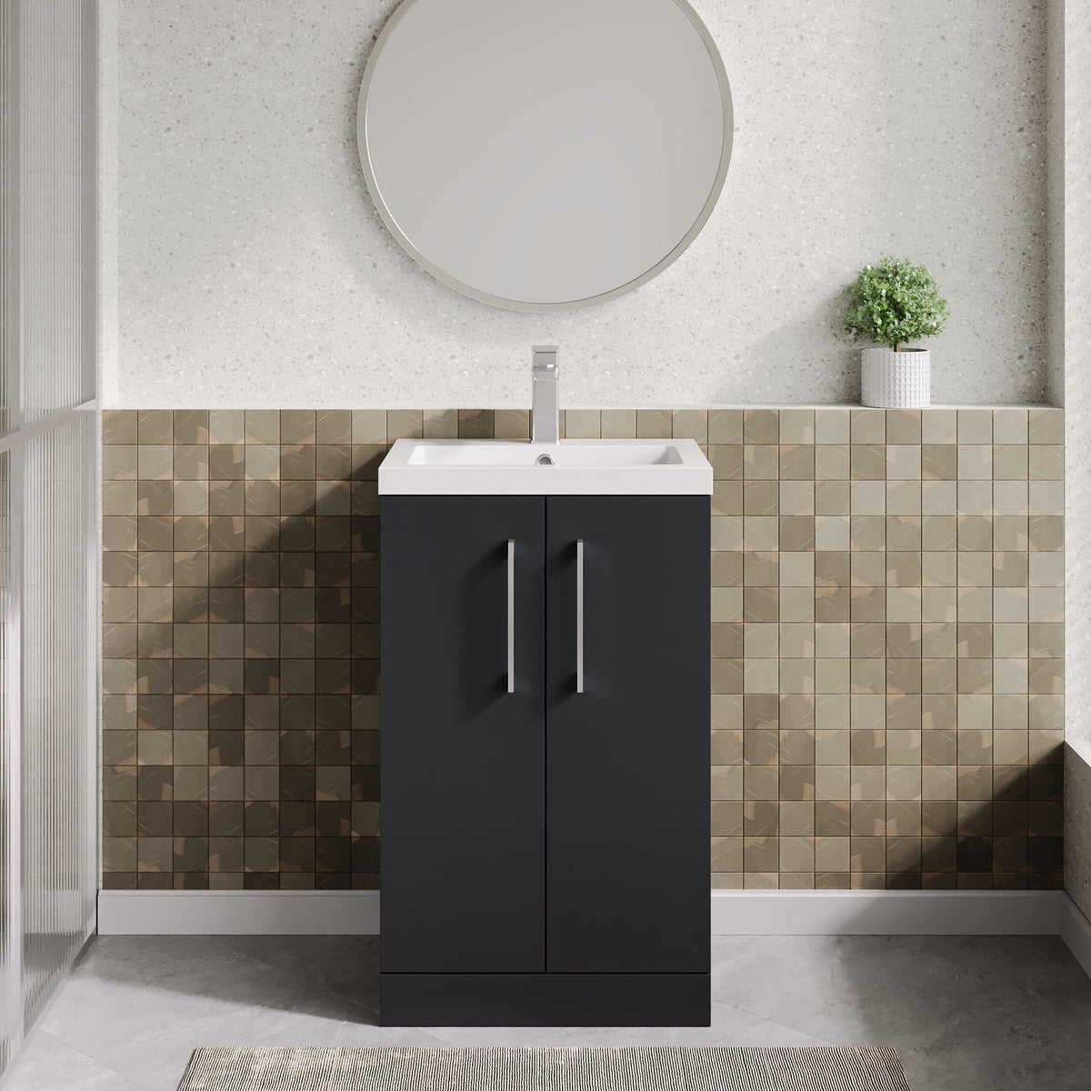 Modern Splash Compact 500mm Soft Black 2 Door Floor Standing Vanity Unit With Polymarble Basin