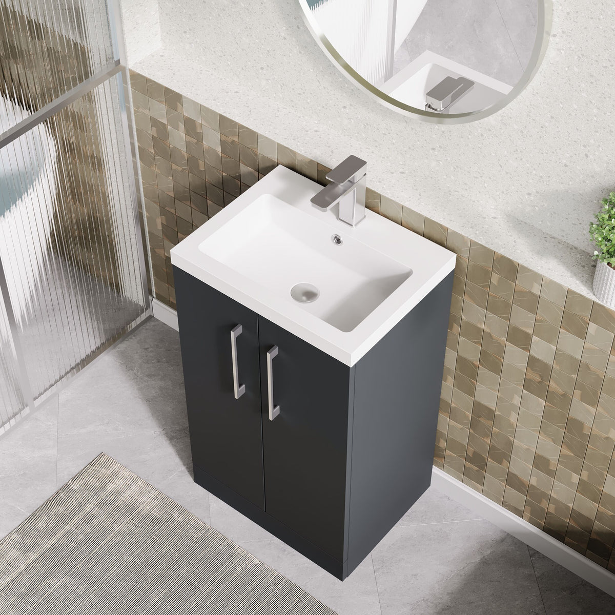 Modern Splash Compact 500mm Soft Black 2 Door Floor Standing Vanity Unit With Polymarble Basin