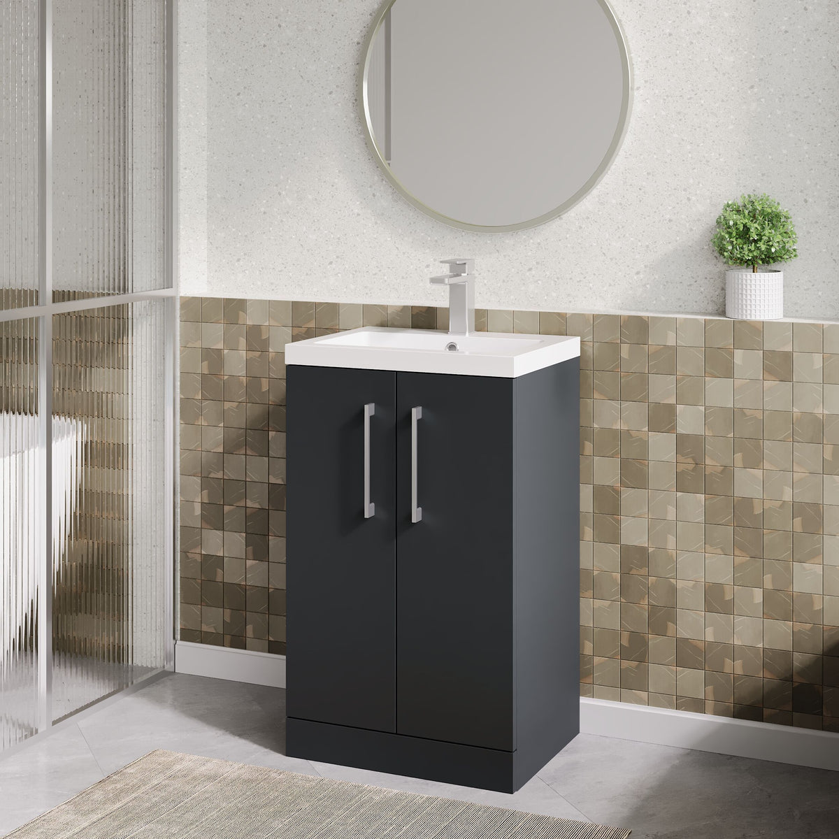 Modern Splash Compact 500mm Soft Black 2 Door Floor Standing Vanity Unit With Polymarble Basin