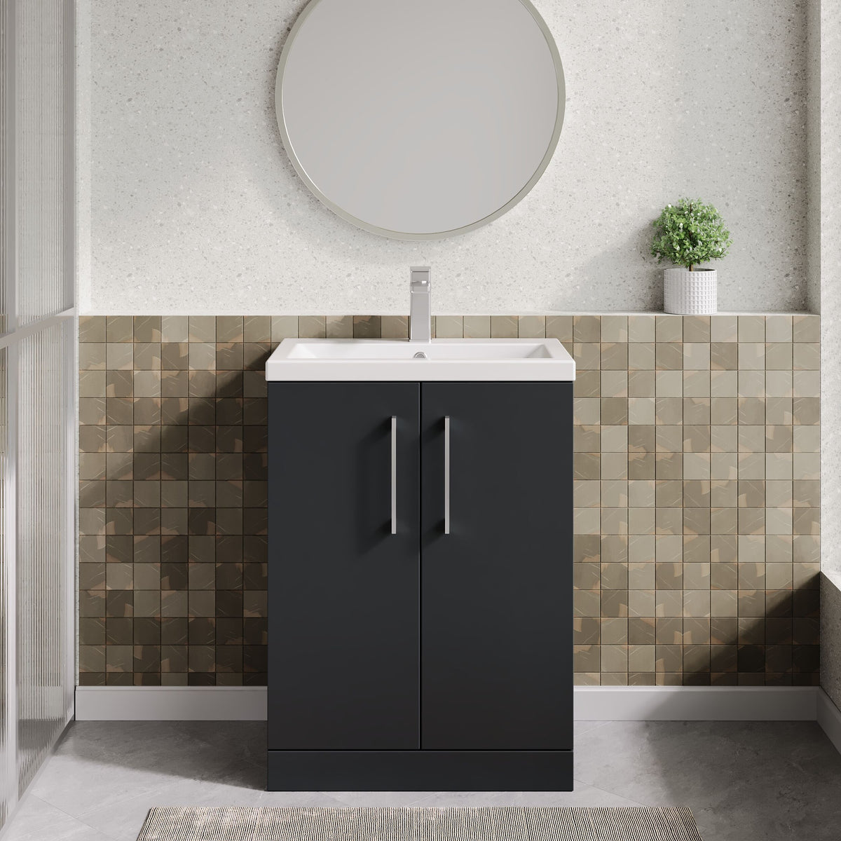 Modern Splash Compact 600mm Soft Black 2 Door Floor Standing Vanity Unit With Basin