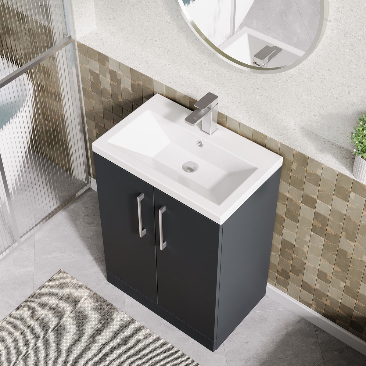 Modern Splash Compact 600mm Soft Black 2 Door Floor Standing Vanity Unit With Basin