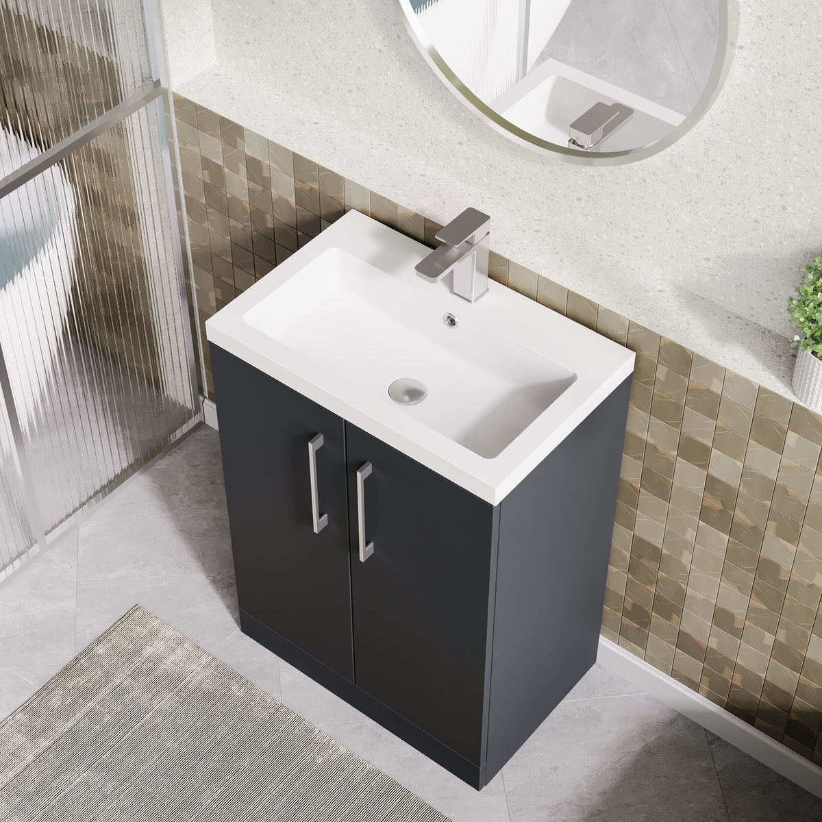 Modern Splash Compact 600mm Soft Black 2 Door Floor Standing Vanity Unit With Polymarble Basin