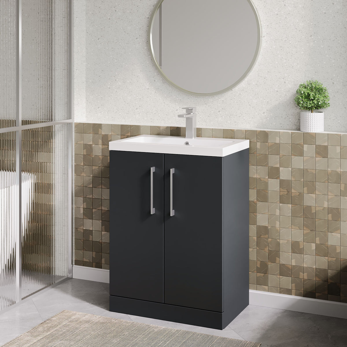 Modern Splash Compact 600mm Soft Black 2 Door Floor Standing Vanity Unit With Polymarble Basin