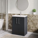Modern Splash Compact 600mm Soft Black 2 Door Floor Standing Vanity Unit With Polymarble Basin