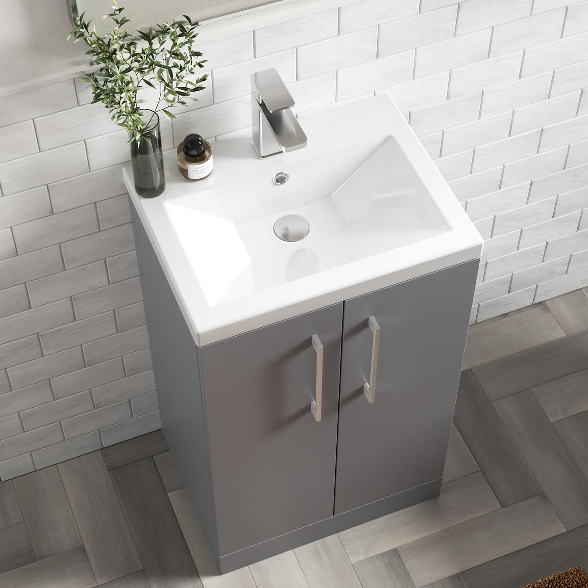 Modern Splash Compact 500mm Satin Grey 2 Door Floor Standing Vanity Unit With Basin