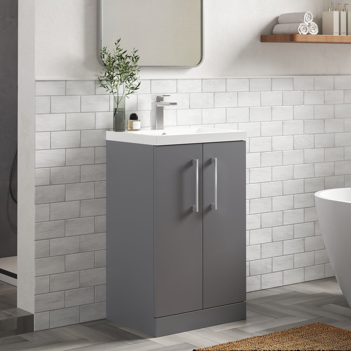 Modern Splash Compact 500mm Satin Grey 2 Door Floor Standing Vanity Unit With Polymarble Basin