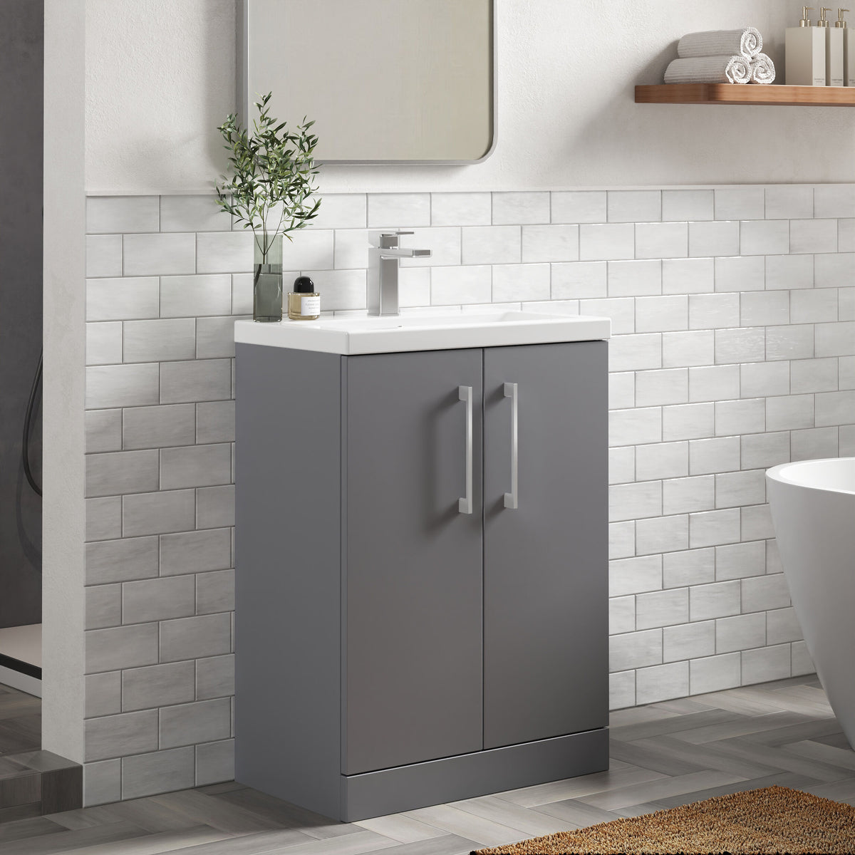 Modern Splash Compact 600mm Satin Grey 2 Door Floor Standing Vanity Unit With Basin
