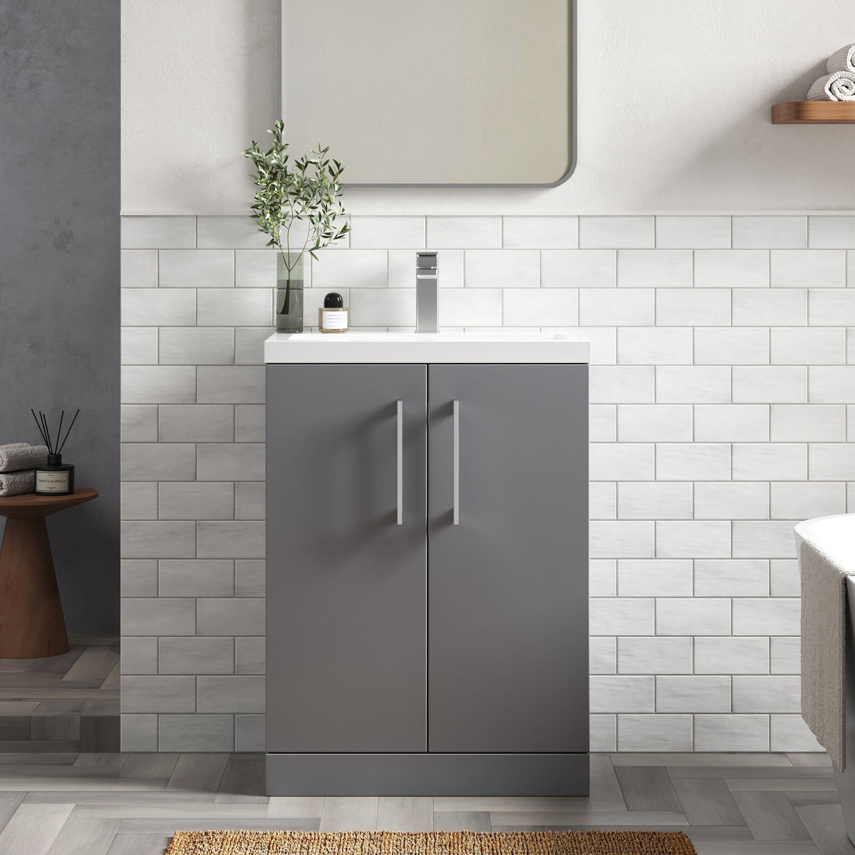 Modern Splash Compact 600mm Satin Grey 2 Door Floor Standing Vanity Unit With Polymarble Basin