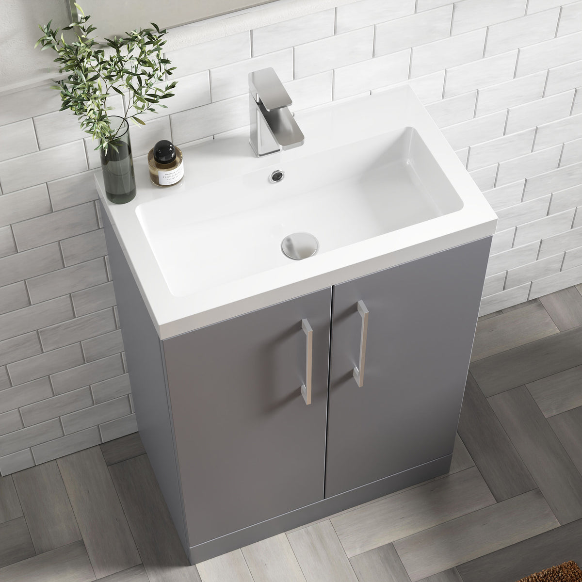 Modern Splash Compact 600mm Satin Grey 2 Door Floor Standing Vanity Unit With Polymarble Basin