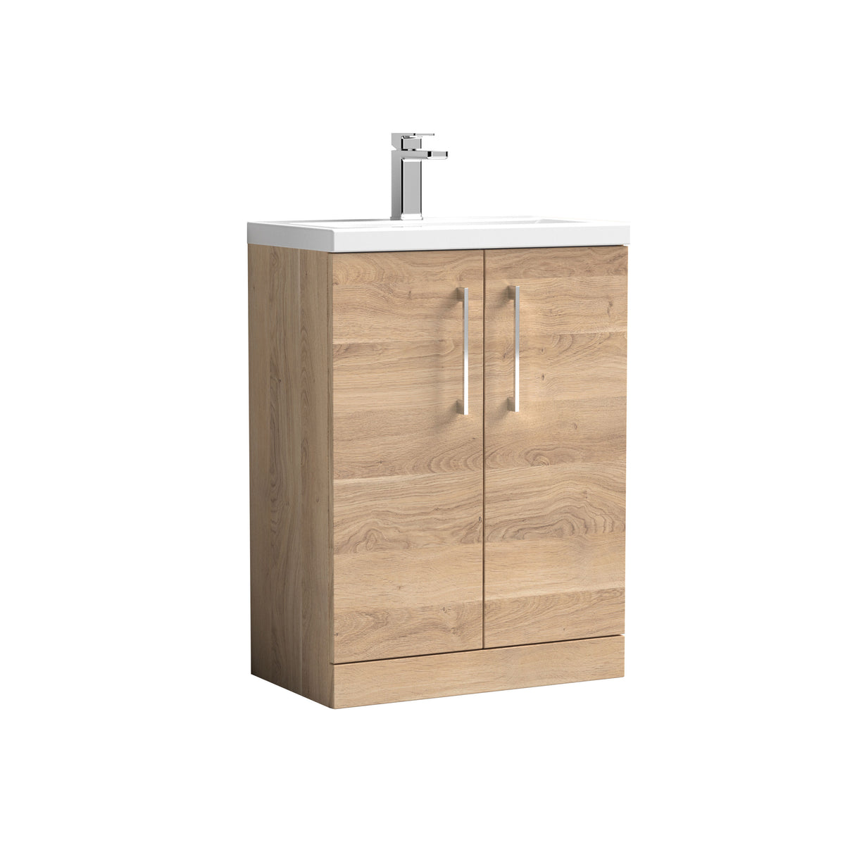 Modern Splash Compact 600mm Bleached Oak 2 Door Floor Standing Vanity Unit With Basin
