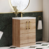 Modern Splash Compact 600mm Bleached Oak 2 Door Floor Standing Vanity Unit With Basin