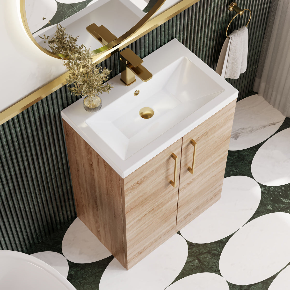 Modern Splash Compact 600mm Bleached Oak 2 Door Floor Standing Vanity Unit With Polymarble Basin