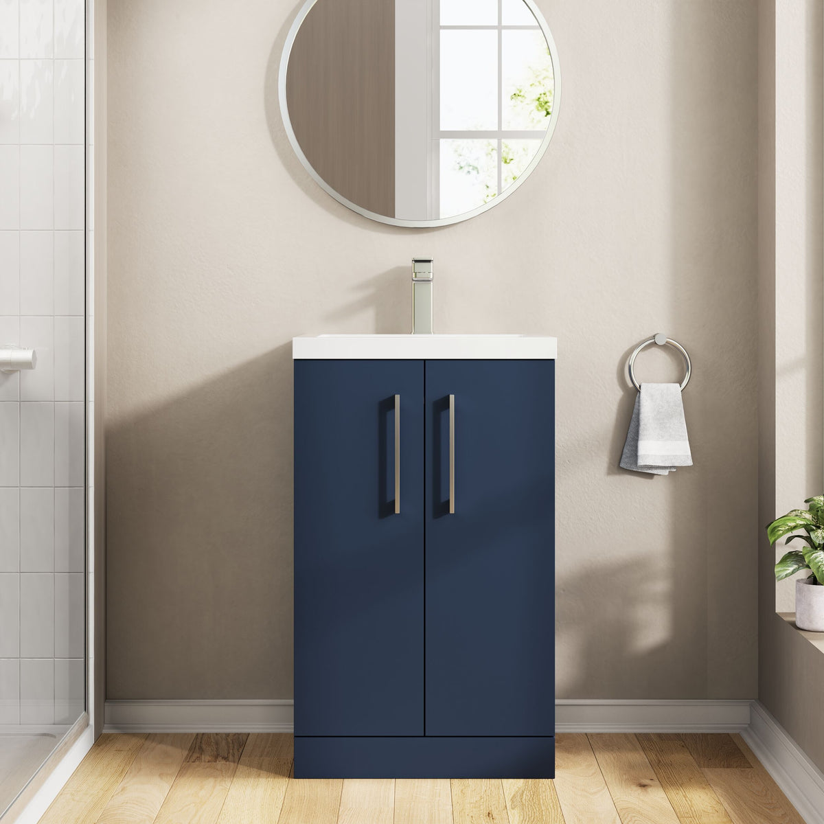 Modern Splash Compact 500mm Midnight Blue 2 Door Floor Standing Vanity Unit With Polymarble Basin