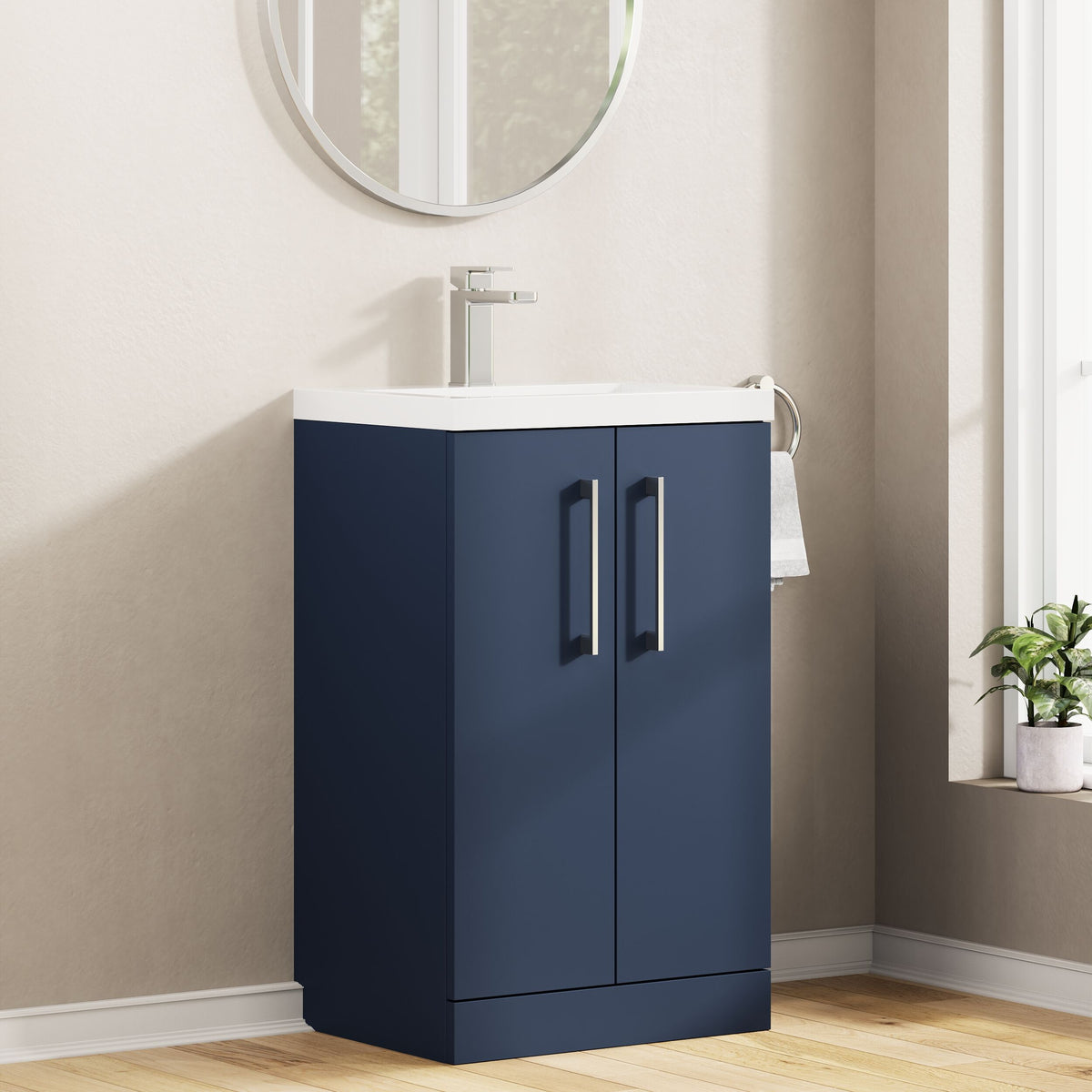 Modern Splash Compact 500mm Midnight Blue 2 Door Floor Standing Vanity Unit With Polymarble Basin