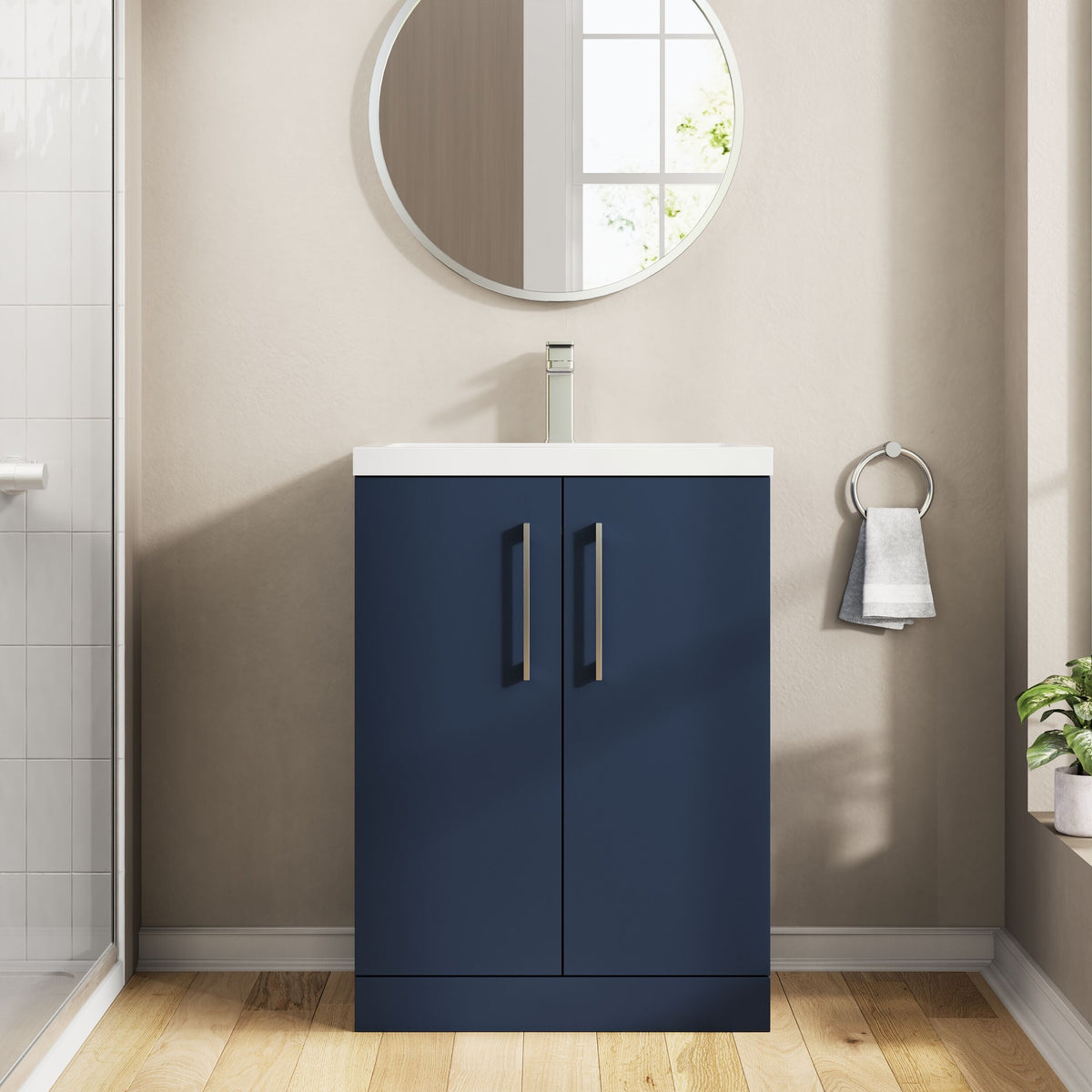 Modern Splash Compact 600mm Midnight Blue 2 Door Floor Standing Vanity Unit With Polymarble Basin