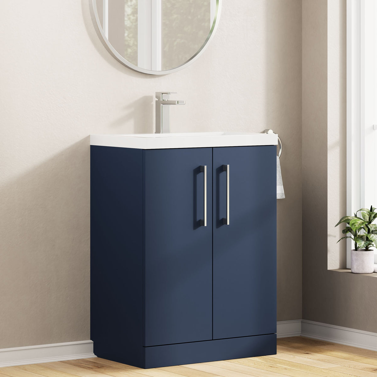 Modern Splash Compact 600mm Midnight Blue 2 Door Floor Standing Vanity Unit With Polymarble Basin