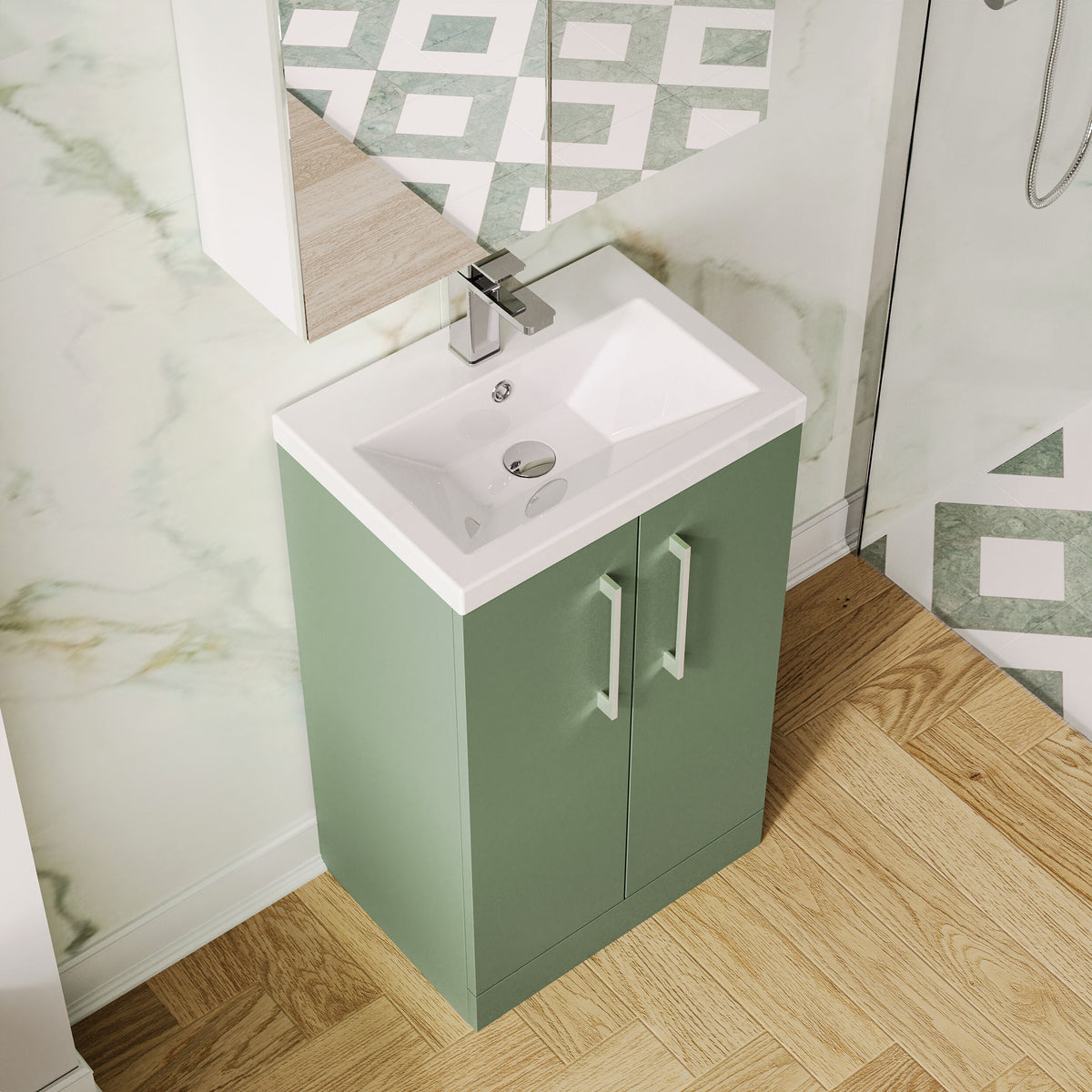 Modern Splash Compact 500mm Satin Green 2 Door Floor Standing Vanity Unit With Basin