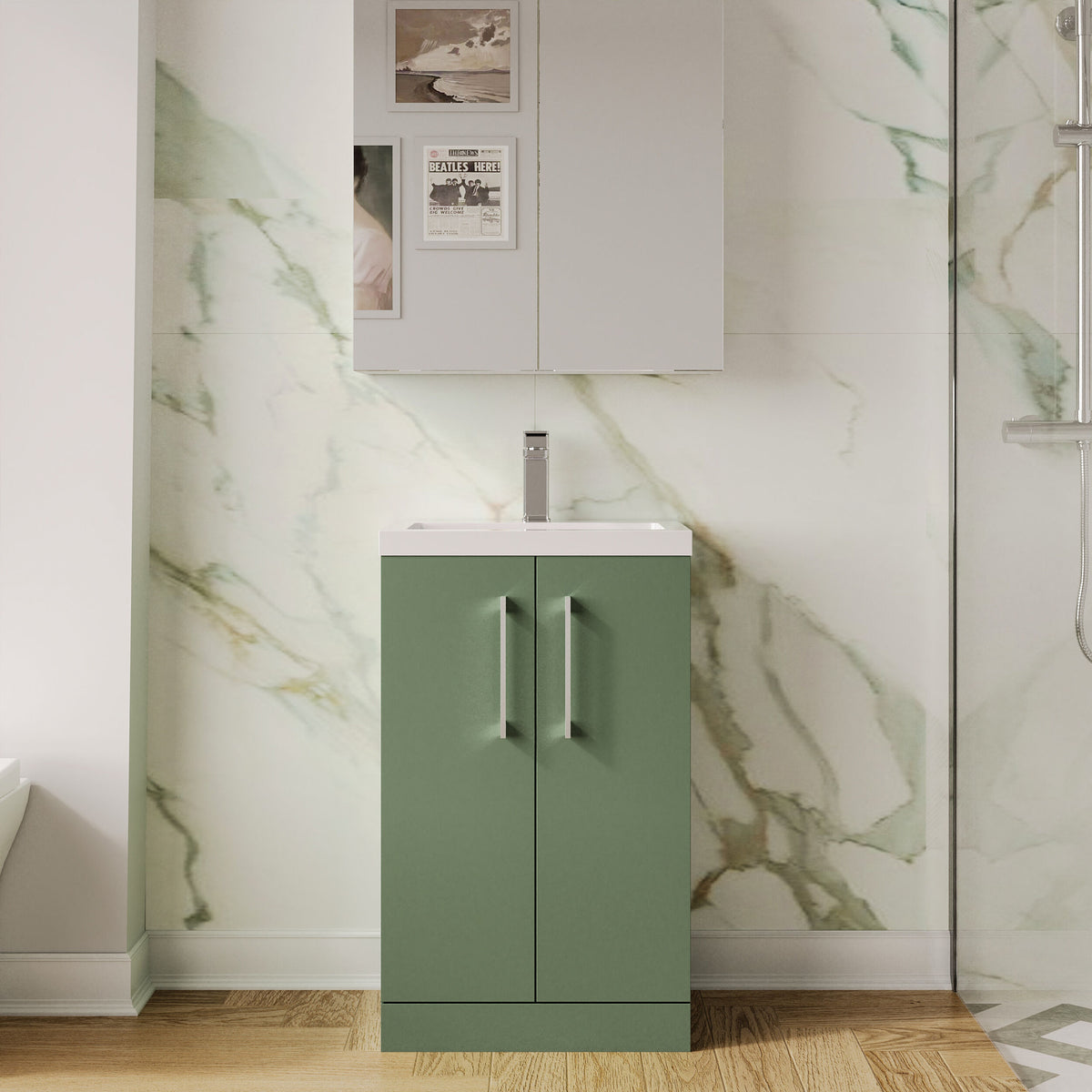 Modern Splash Compact 500mm Satin Green 2 Door Floor Standing Vanity Unit With Polymarble Basin