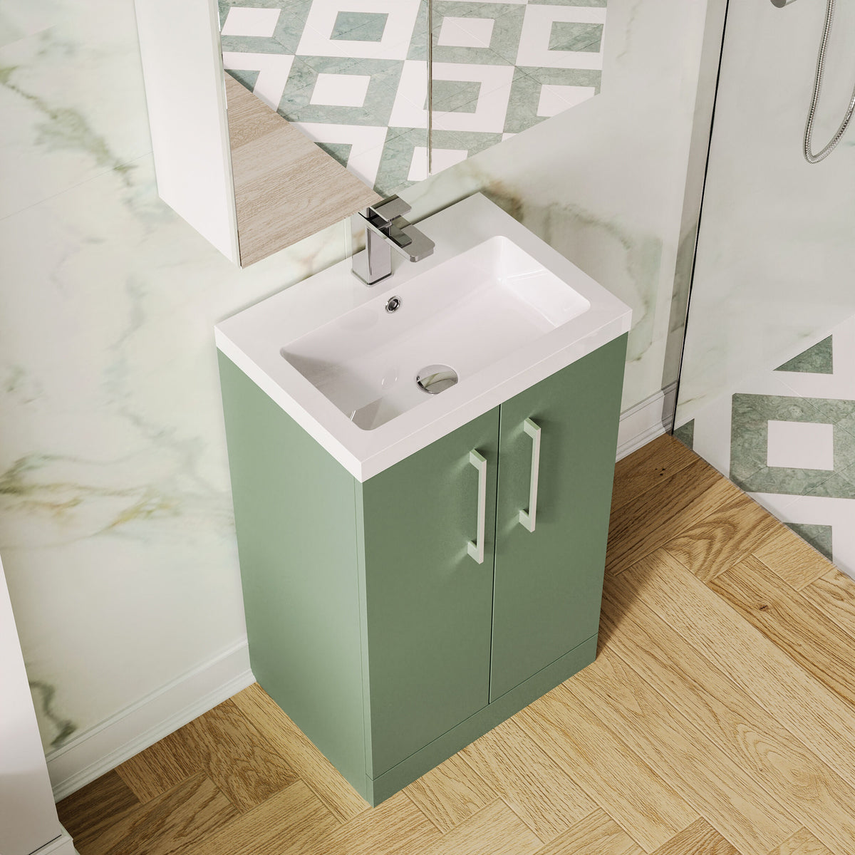 Modern Splash Compact 500mm Satin Green 2 Door Floor Standing Vanity Unit With Polymarble Basin