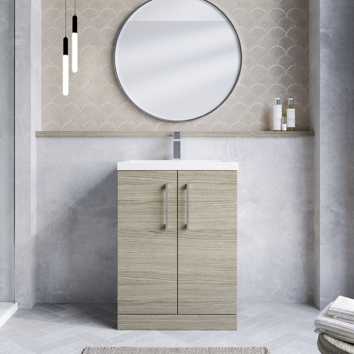 Modern Splash Compact 600mm Solace Oak 2 Door Floor Standing Vanity Unit With Basin