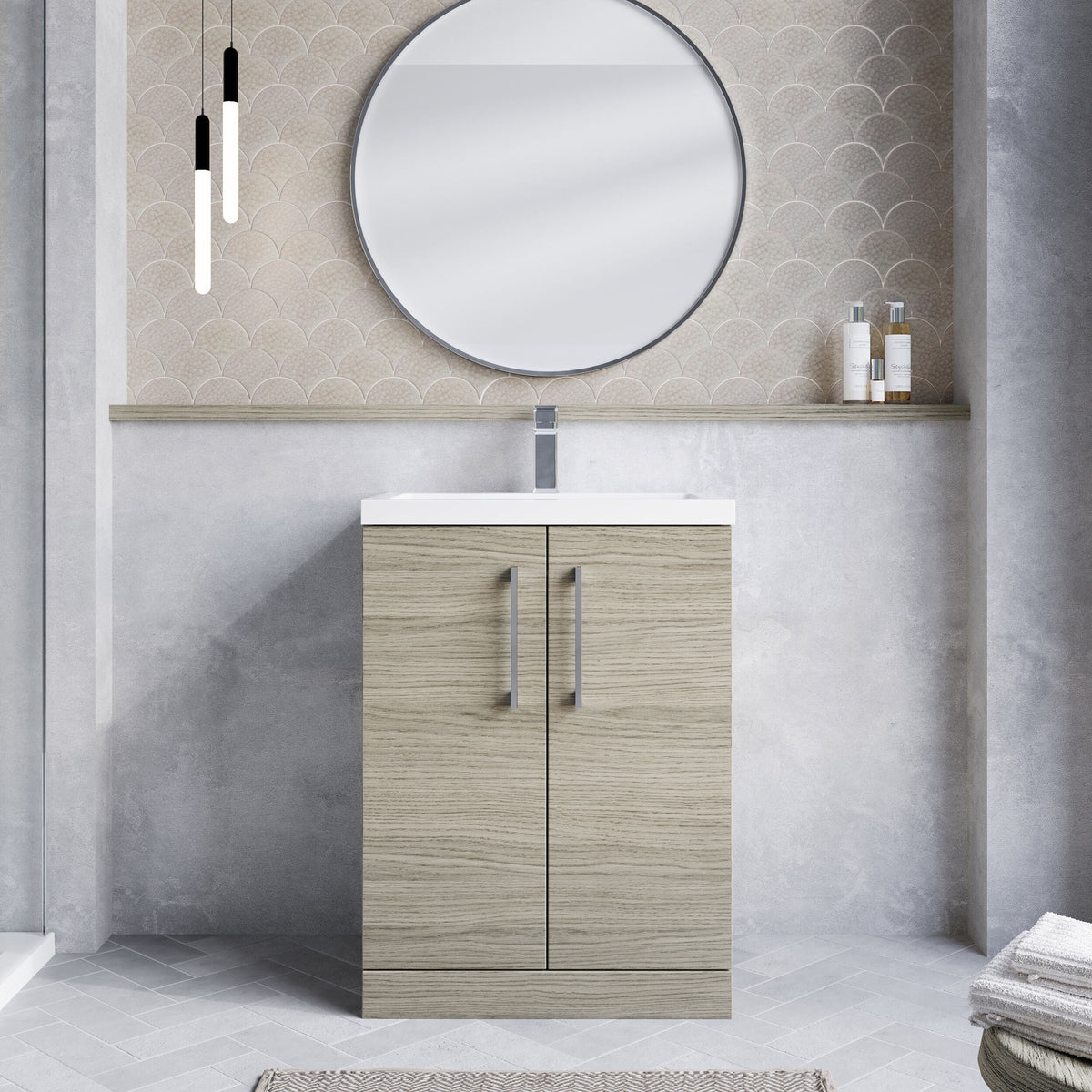 Modern Splash Compact 600mm Solace Oak 2 Door Floor Standing Vanity Unit With Polymarble Basin